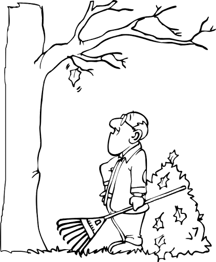 Kolorowanka z dziadkiem, który czeka aż liść spadnie z drzewa
